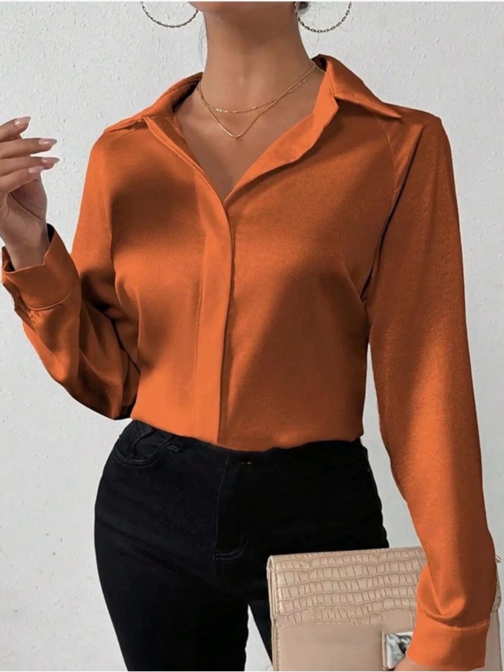 Rachel Zoe Copper Satin Button-Down Shirt, Size XL